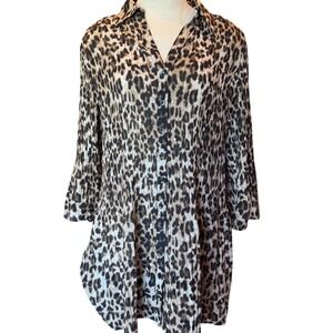 Alfani Woman Leopard Print Tunic Blouse Plus Size 18W Button Front Sheer Shirt